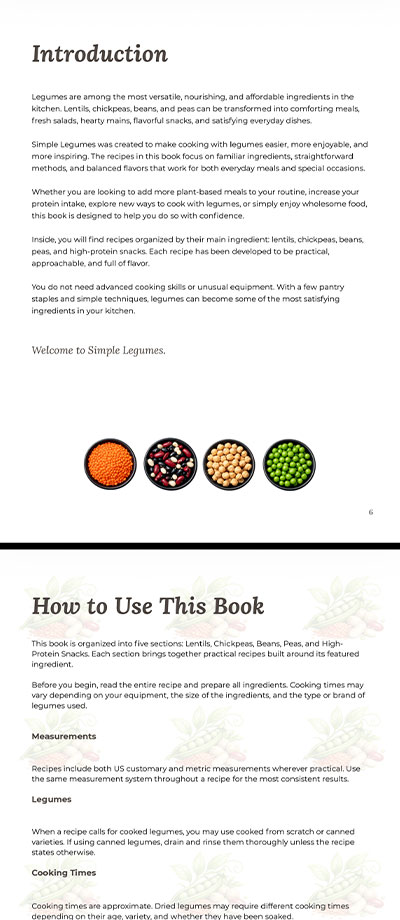 Simple Legumes cookbook recipe page shown on a phone screen