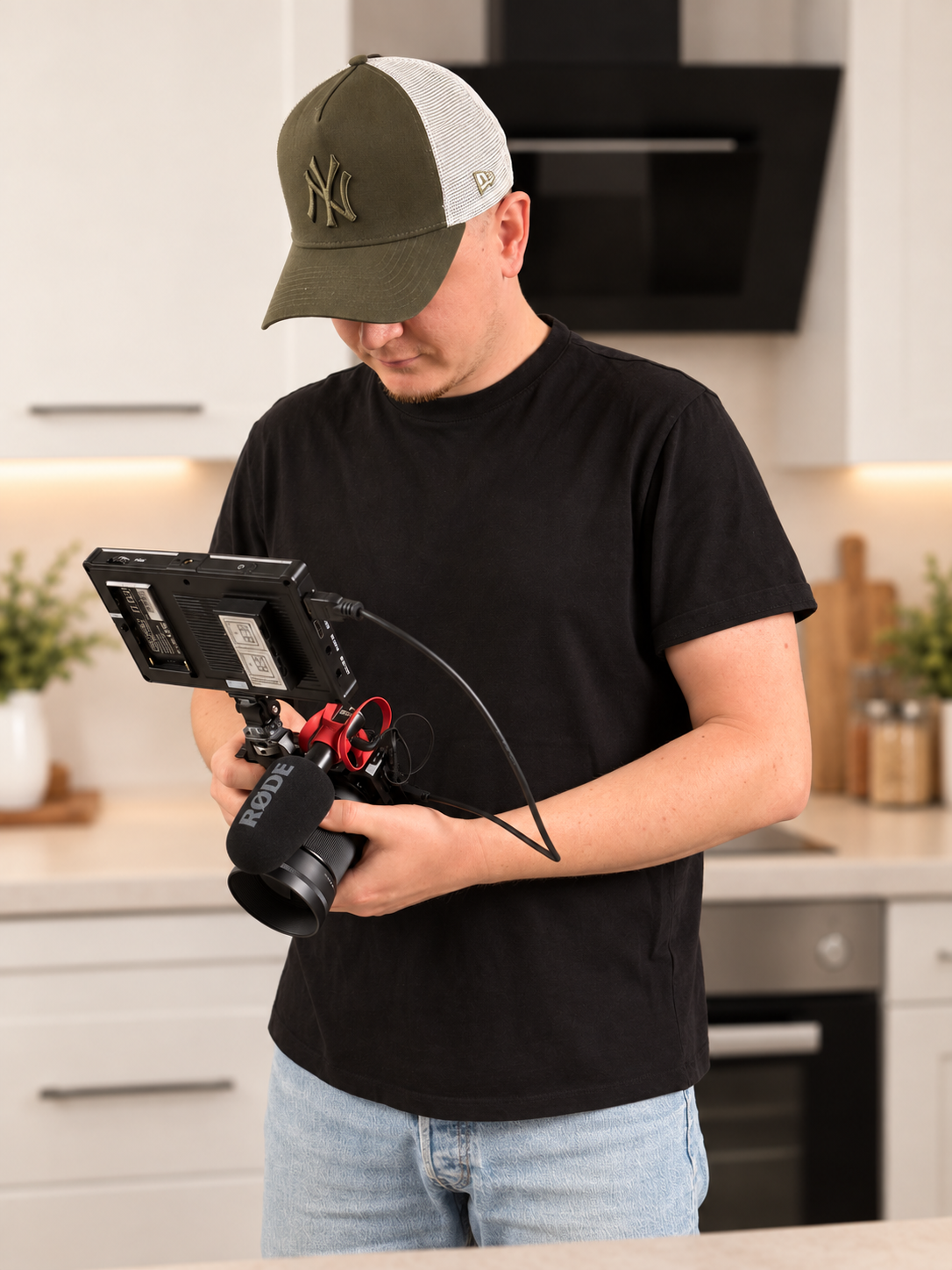 Dmytrii, co-founder of Simple Legumes, filming in the kitchen.