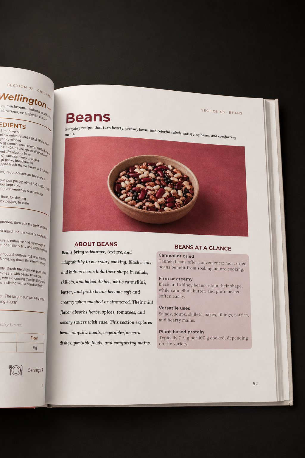 Open two-page spread from the Simple Legumes hardcover, showing the Chickpea Wellington recipe and the Beans section introduction